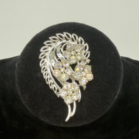 Vintage Silver-Tone Rhinestone Brooch Floral Leaf Swirl Design - Picture 1 of 7